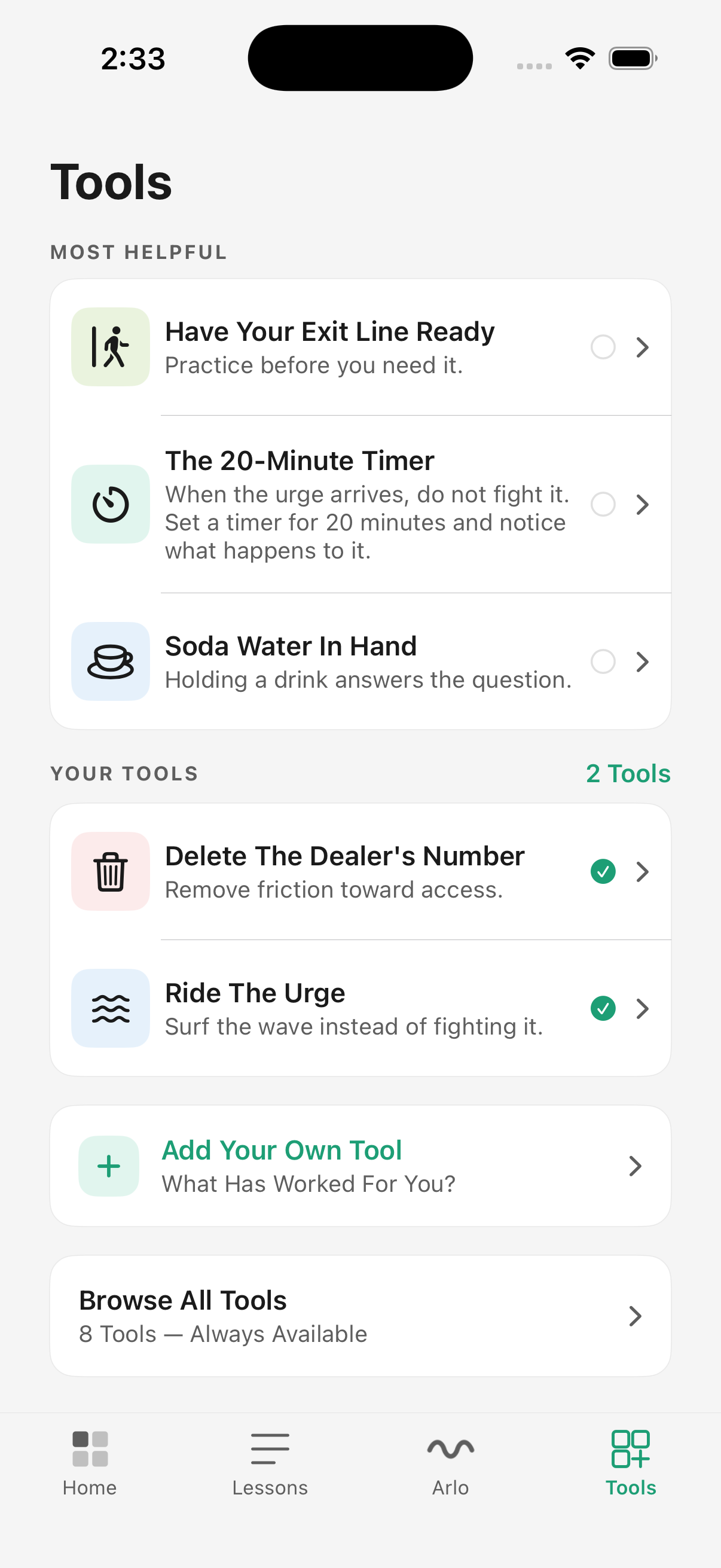 Tools tab with practical exercises